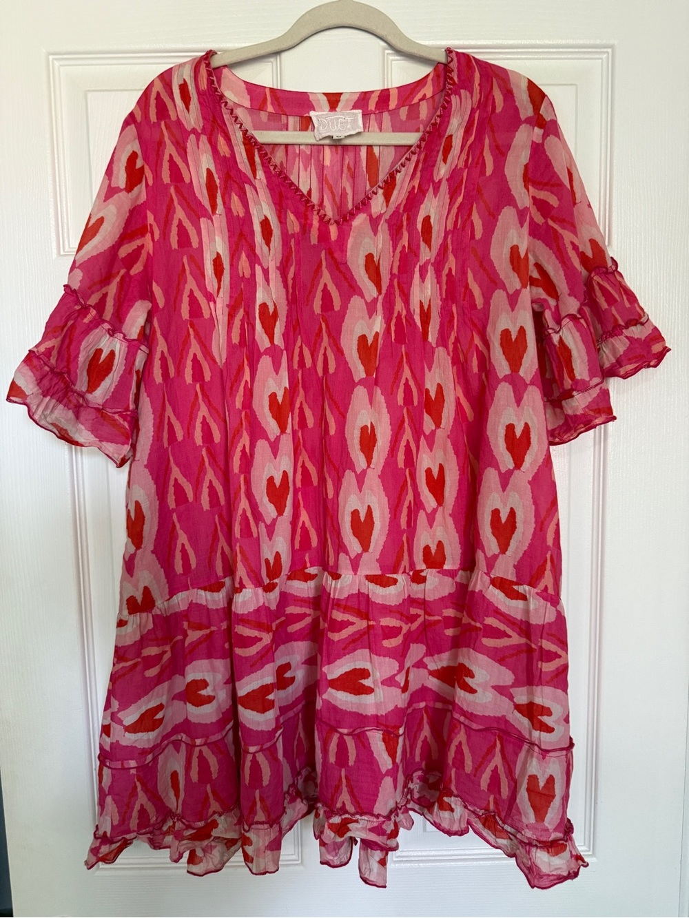 Duet Anthropologie Pink Heart Print Ruffle Mini Dress M